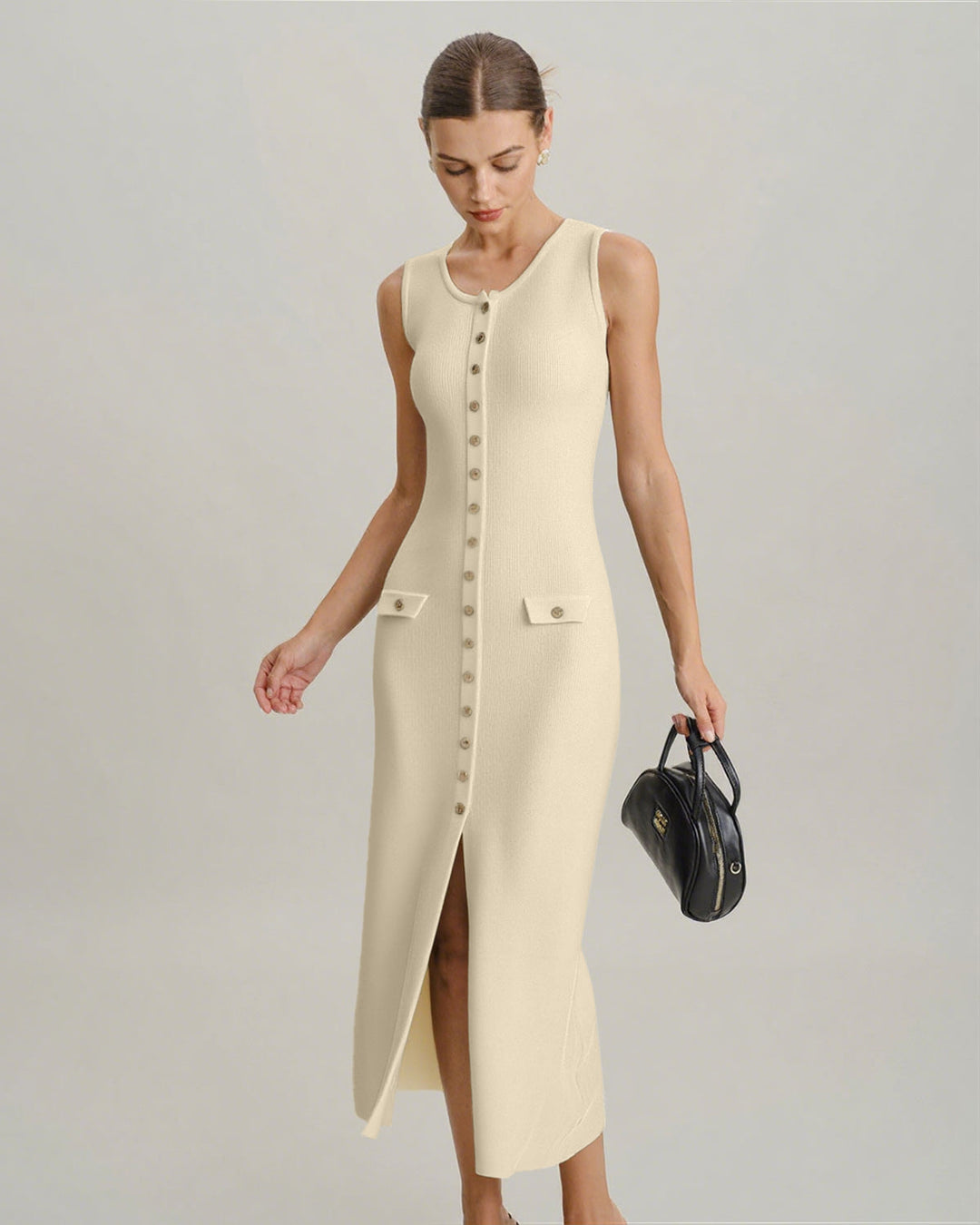 Lolita I Beige Sleeveless Button Sweater Dress