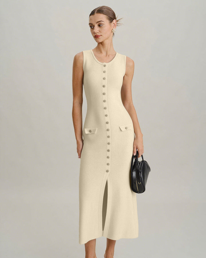 Lolita I Beige Sleeveless Button Sweater Dress