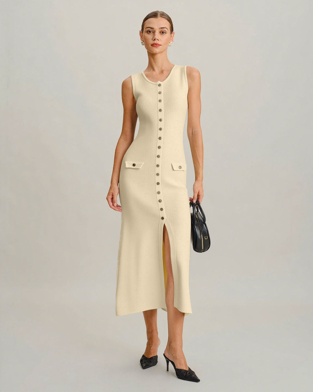 Lolita I Beige Sleeveless Button Sweater Dress