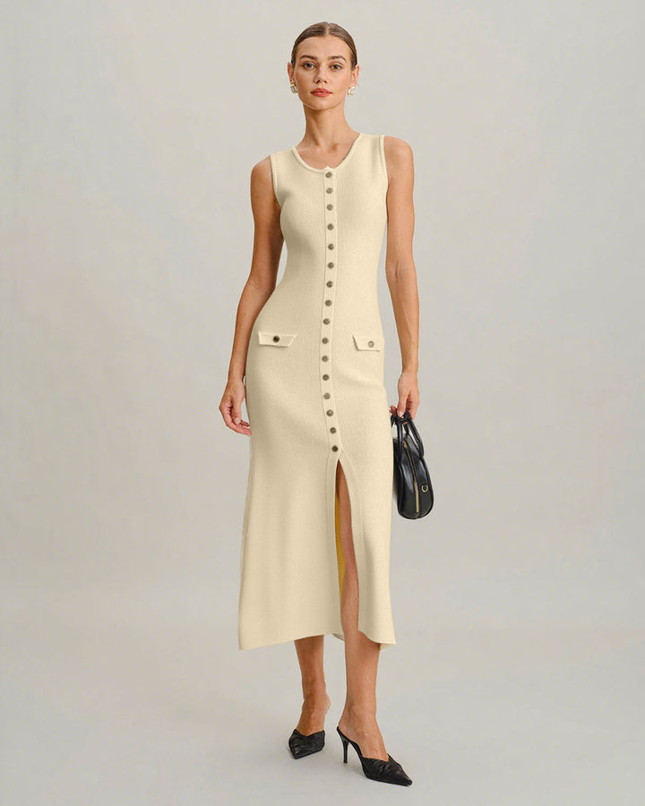 Lolita I Beige Sleeveless Button Sweater Dress