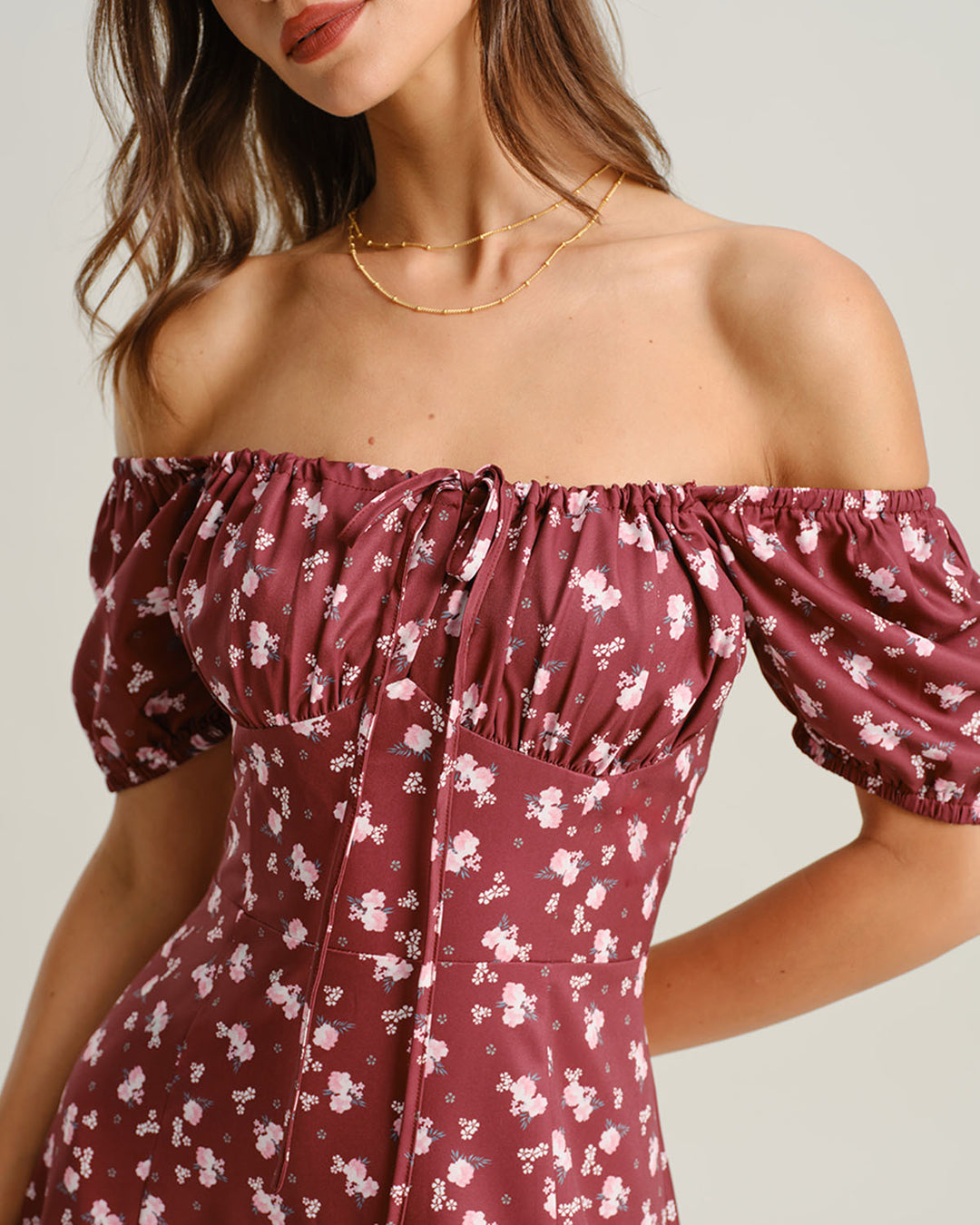 Wine Red Floral Square Neck Puffed Sleeve Midi Dress