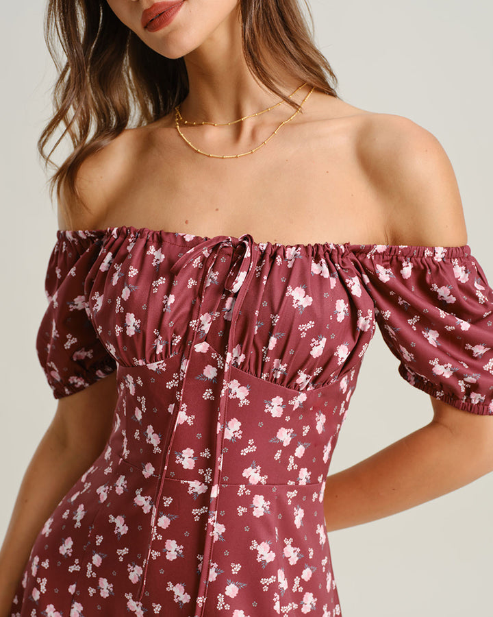 Wine Red Floral Square Neck Puffed Sleeve Midi Dress