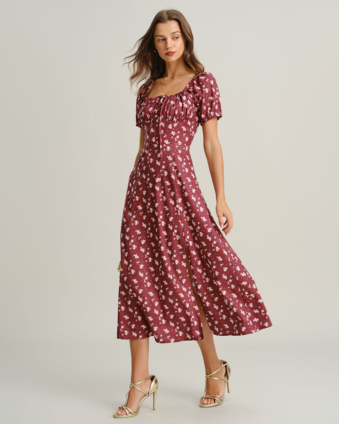 Wine Red Floral Square Neck Puffed Sleeve Midi Dress