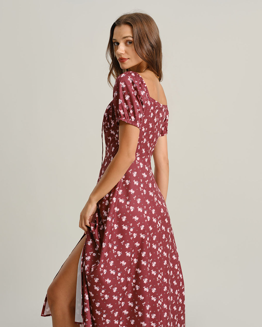 Wine Red Floral Square Neck Puffed Sleeve Midi Dress