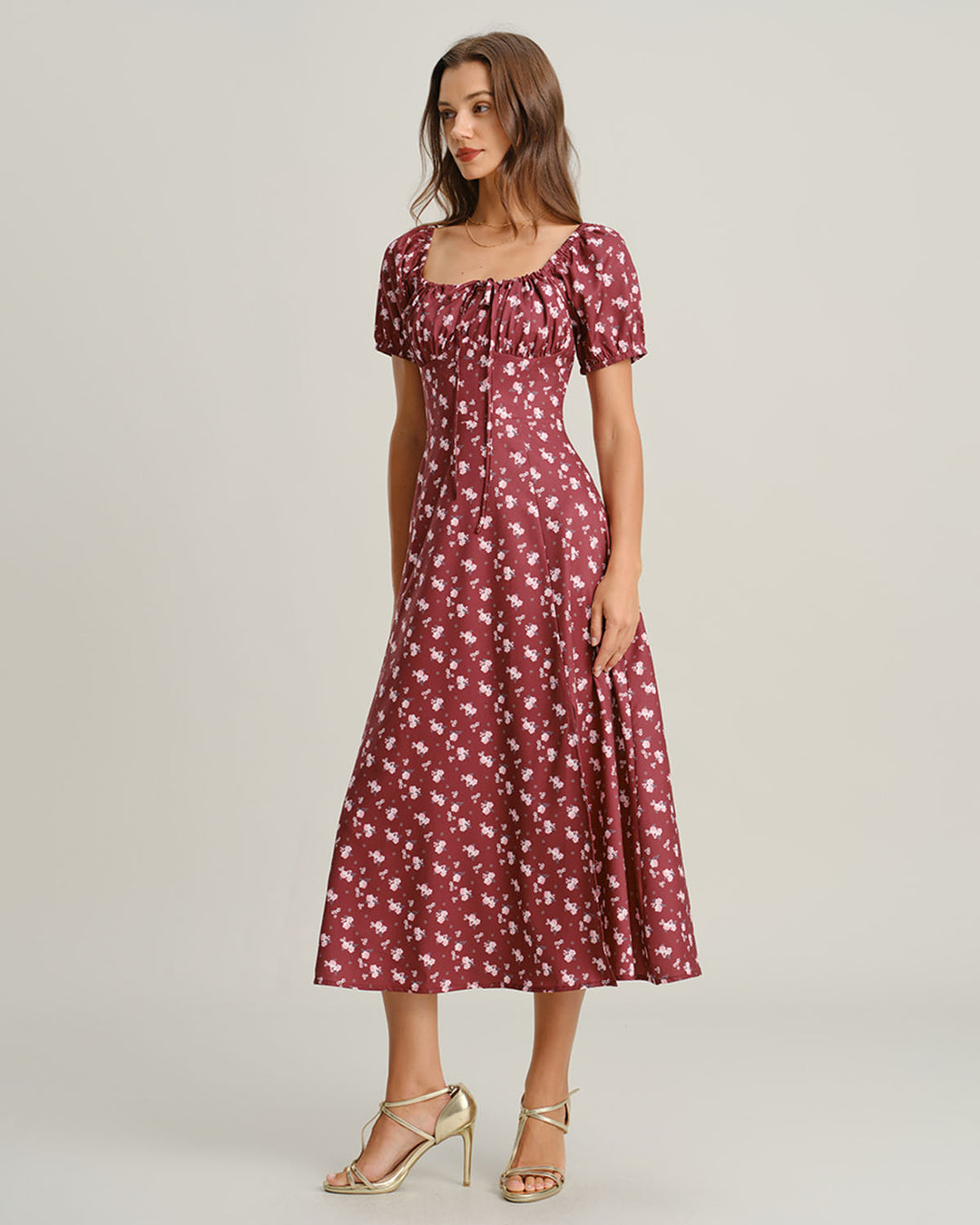 Wine Red Floral Square Neck Puffed Sleeve Midi Dress