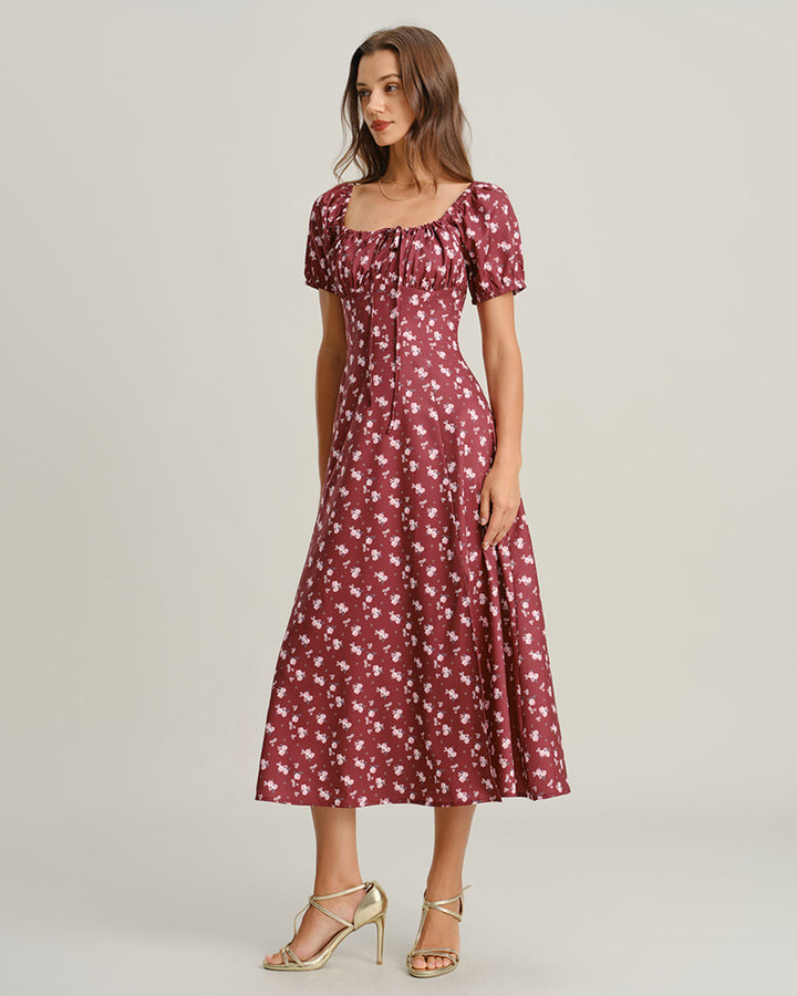 Wine Red Floral Square Neck Puffed Sleeve Midi Dress